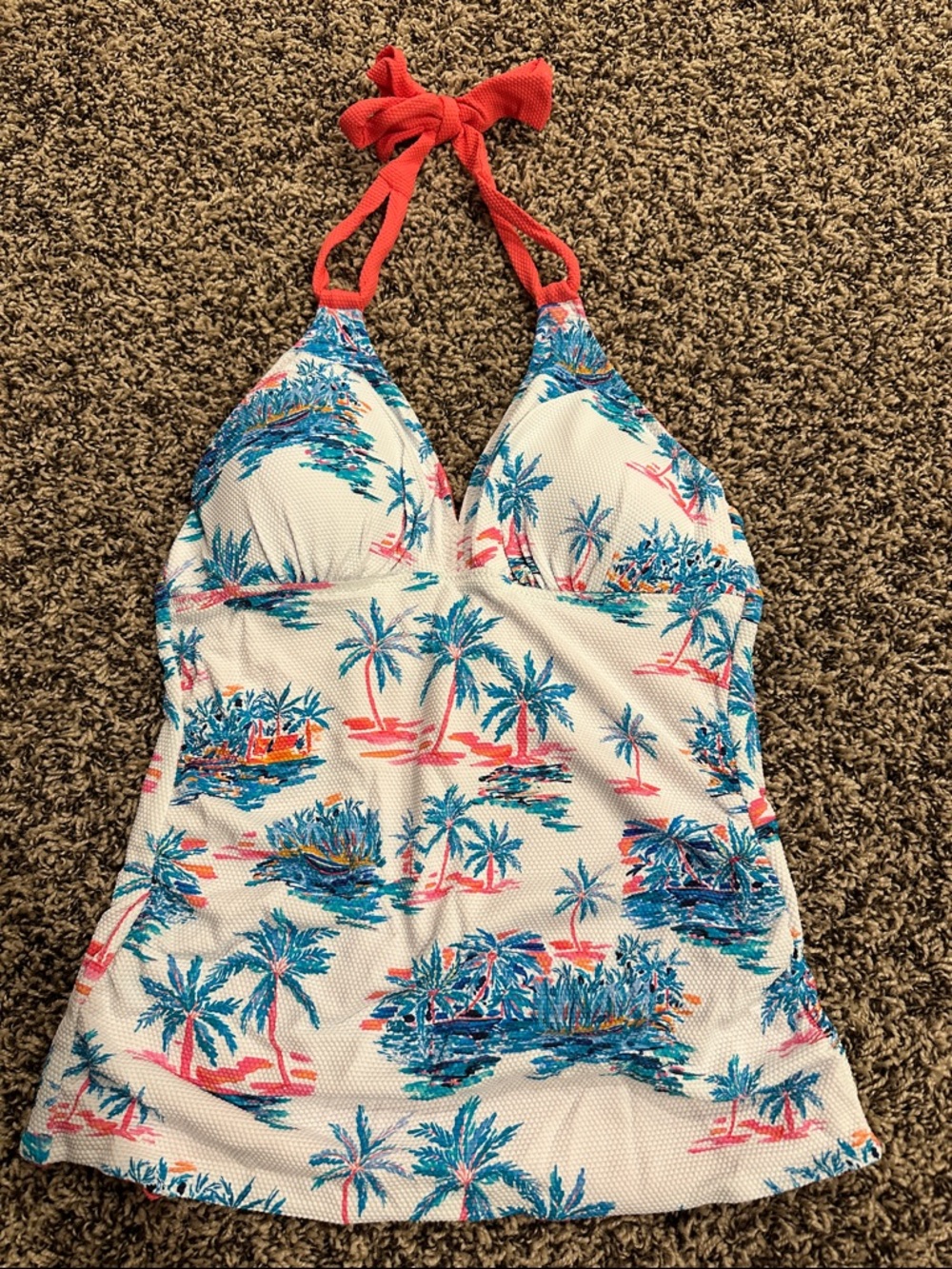 Tommy Bahama White Halter Tankini Top with Blue Palm Print and Coral Straps